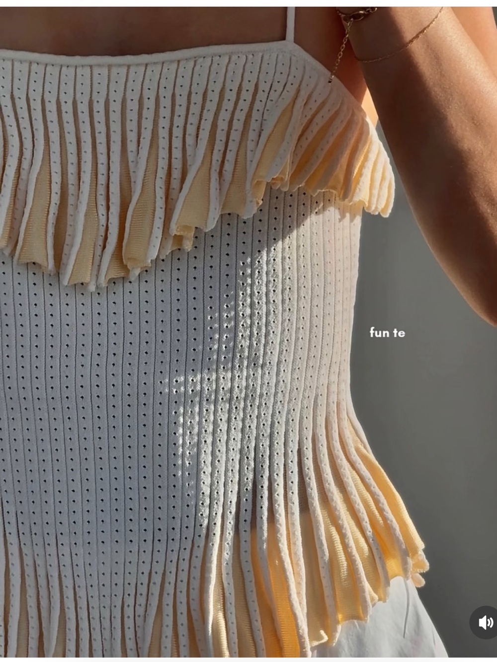 H&M special edition ivory white and butter yellow cream stretchy knit ruffle top